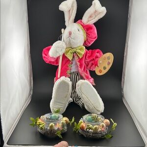 Easter Bunny Plushy Figurine with Pink Outfit and 2 Tealight holders